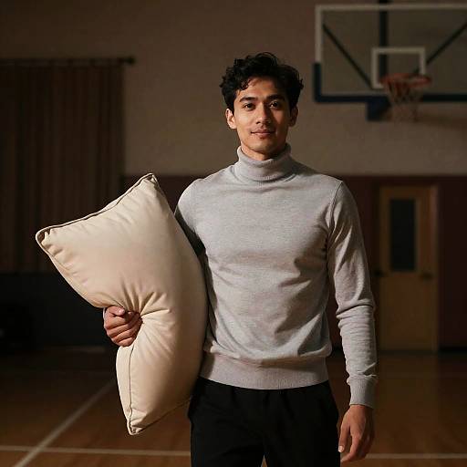 Man in Turtleneck with Pillow in Gym