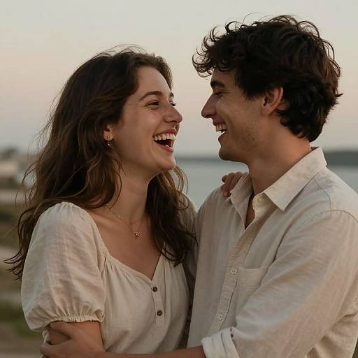 Photograph of a smiling couple with long brown hair and curly dark hair, wearing white off-shoulder and button-up shirts, standing close by a