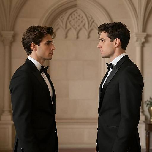 Formal Encounter in Ornate Stone Room