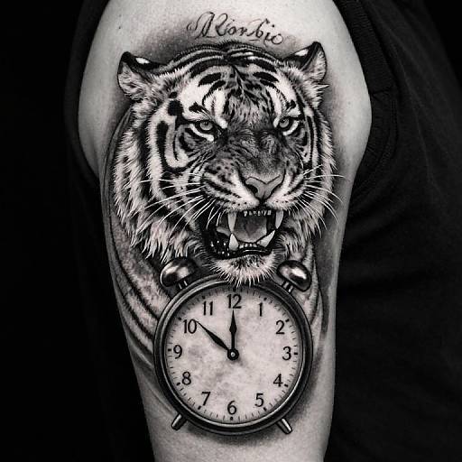 Black-and-white tattoo of a fierce tiger with open mouth, roaring, atop a vintage alarm clock on a bicep, with 