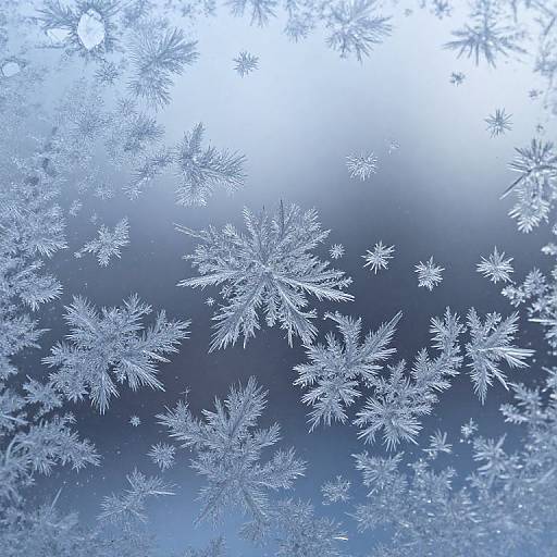 Photograph of delicate, intricate snowflakes in various sizes, floating against a softly blurred, icy blue background, creating a mesmerizing winter scene.