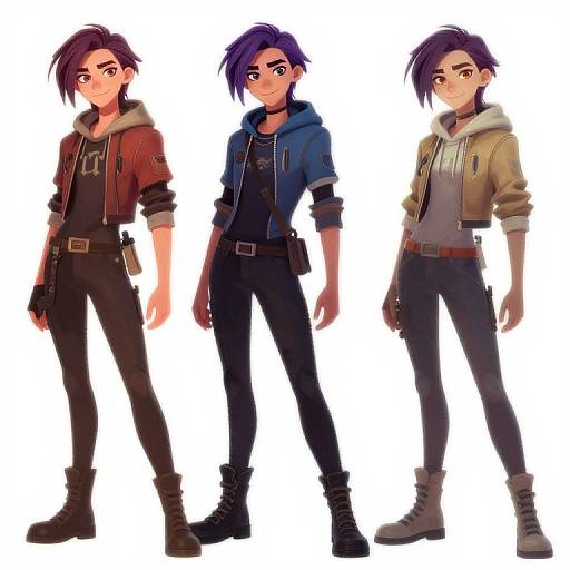 Digital illustration of three anime-style young men with purple hair, wearing different outfits: red hoodie, blue jacket, and beige hoodie, standing against a white