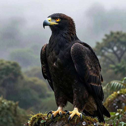 Majestic Black Eagle in Misty Rainforest