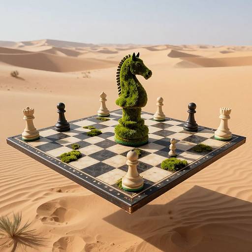 Photorealistic CGI: Checkered chessboard with large green horse piece in desert, surrounded by black and white chess pieces, under bright sunlight.