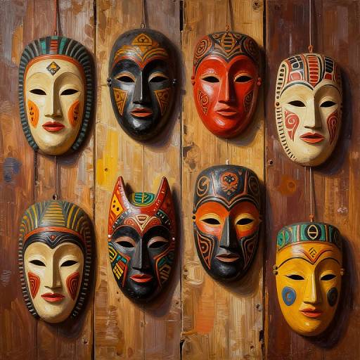 Six colorful, intricately painted wooden masks with various facial expressions and decorative patterns, displayed on a rustic wooden wall.