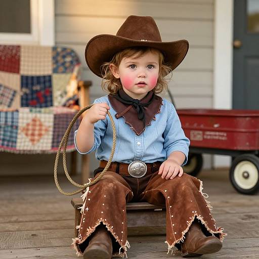 Photograph of a young child with curly brown hair, wearing a brown cowboy hat, blue shirt, brown vest, and frayed cowboy pants, holding