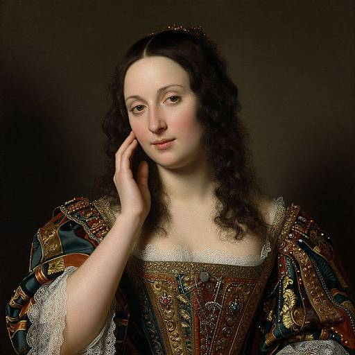 Photorealistic portrait of a fair-skinned woman with curly black hair, wearing an ornate Renaissance-style dress, touching her cheek against a dark background
