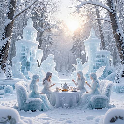 Fairy-like women in ice-blue dresses and wings, seated at a snow-covered table, tea set, surrounded by glowing ice structures in a snowy forest