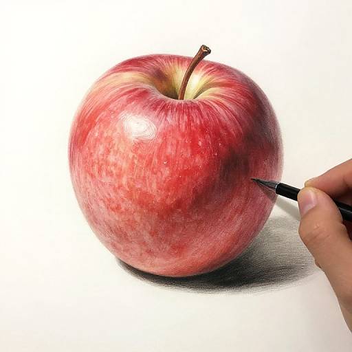 Photograph of a red, shiny apple with a brown stem, being drawn with a black pen by a hand on white background.