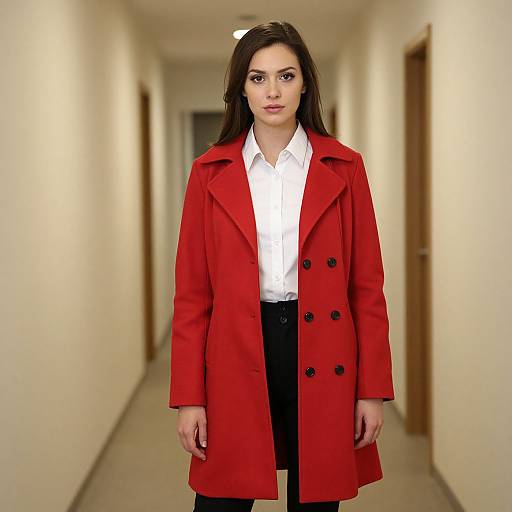 Photograph of a confident woman with long brown hair, wearing a red double-breasted coat, white shirt, and black pants, standing in a bright
