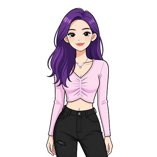 Digital anime-style drawing of a cute young woman with long purple hair, wearing a pink long-sleeve crop top and black high-waist jeans