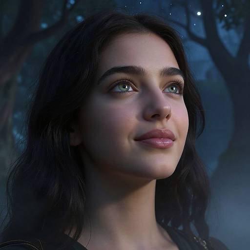 Photorealistic portrait of a young woman with light skin, dark wavy hair, and blue eyes, looking upward with a gentle smile in a dim