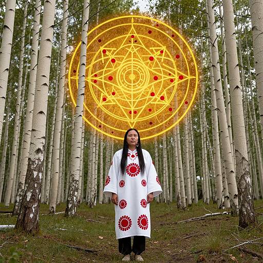 Woman in white robe with red floral patterns stands in birch forest, glowing golden magical circle above her head.