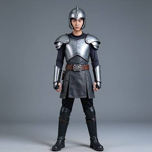 Photograph of an Asian boy in medieval-style silver armor, black leather tunic, brown belt, black pants, and boots, standing against a plain