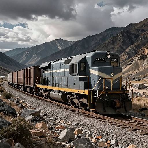 Photograph of a black and yellow freight train with the number 4601, traveling through a rugged, mountainous desert landscape with rocky terrain and cloudy