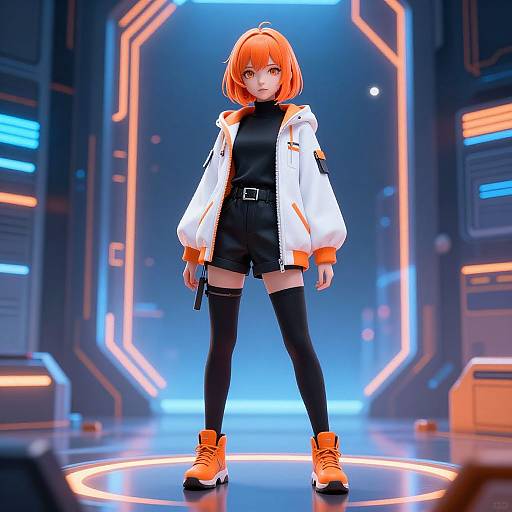 Digital anime-style artwork of a confident girl with orange bob haircut, wearing a white jacket, black top, shorts, thigh-high socks, and orange boots