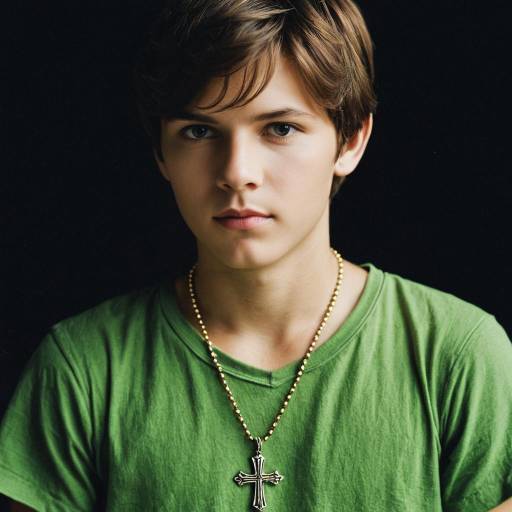 Young Man in Green Shirt with Cross Necklace