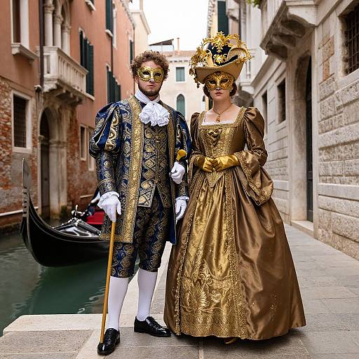 Photograph of a Venetian Carnival scene: man in ornate blue and gold suit with mask, cane; woman in gold and brown dress,