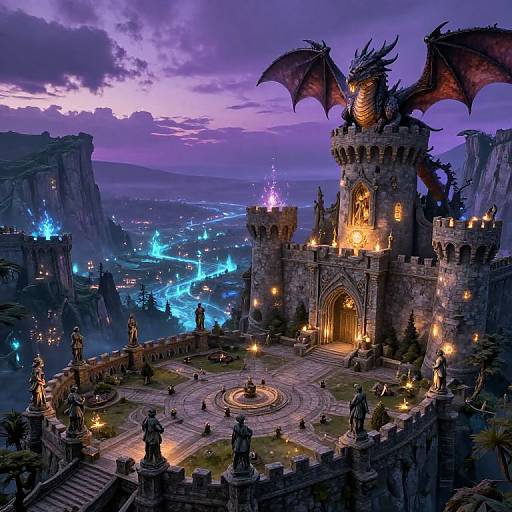 Fantasy castle with a dragon atop, glowing blue river below, purple twilight sky, illuminated statues, intricate architecture, and detailed landscape.