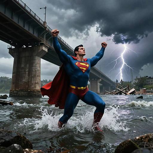 Superman Heroically Lifting Collapsed Bridge