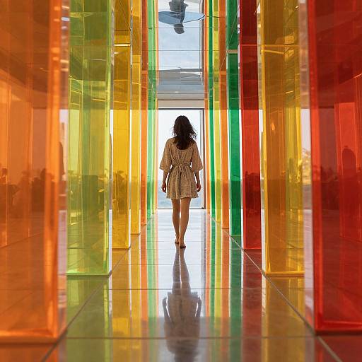 Photograph of a woman with dark hair, wearing a white patterned dress, walking through a vibrant, colorful, neon-lit hallway.
