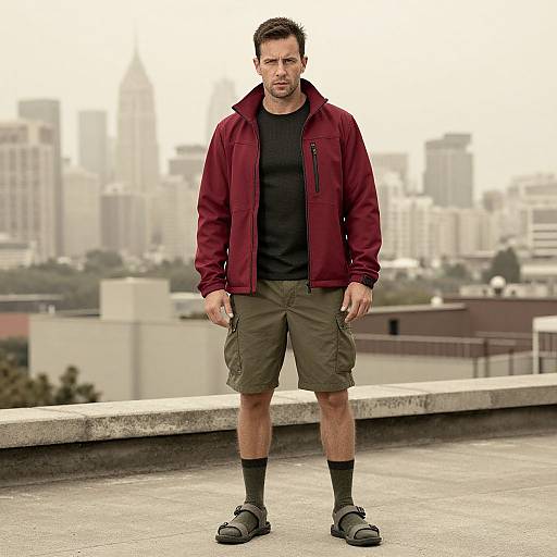 Photograph of a serious, muscular man with short dark hair, wearing a red jacket, black shirt, olive cargo shorts, black socks, and black