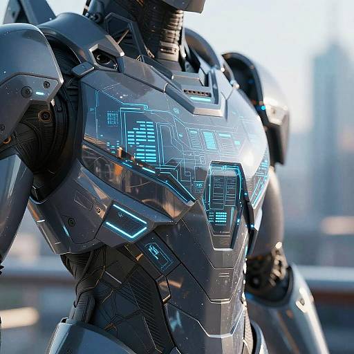 Photograph of a sleek, futuristic, black robotic humanoid with glowing blue circuit patterns on its chest, set against a blurred, sunlit urban background.