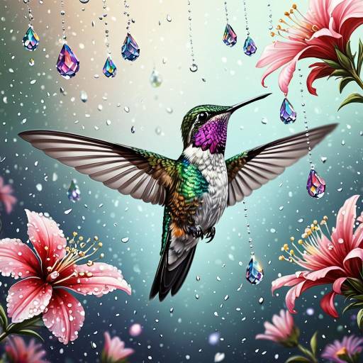 Delicate Hummingbird Among Blooming Flowers