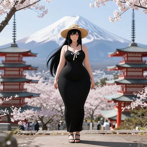Anime-style woman with long black hair, wearing a black dress and straw hat, walks through cherry blossom trees with traditional Japanese pagodas and Mount Fuji
