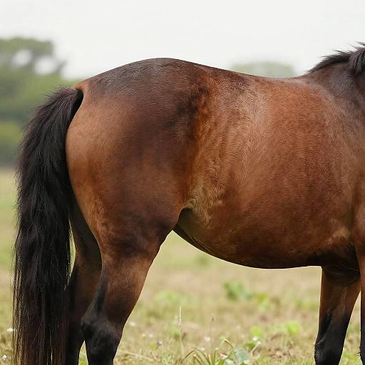 Photograph of a brown horse's side and hindquarters, showing a black mane and tail, standing in a grassy field.