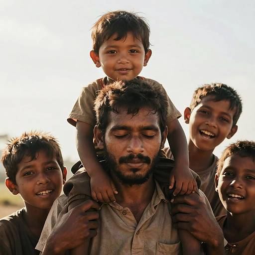 Dark-skinned boys carrying baby on shoulders