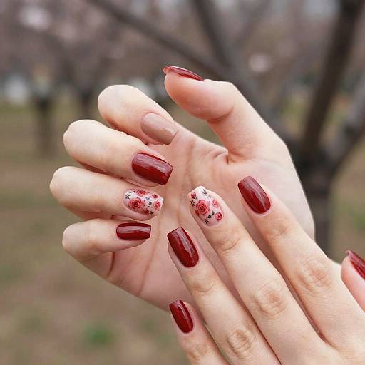 Elegant Red and Tan Floral Nails