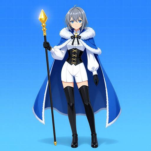 Digital anime-style drawing of a grey-haired, blue-eyed girl in a blue fur-trimmed cape, white shorts, black corset, gloves,