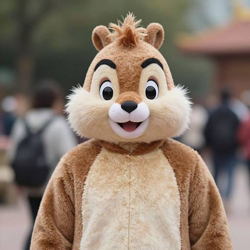Photograph of a cheerful, brown and beige cartoon squirrel mascot with large eyes and a smiling mouth, standing in a blurred outdoor park setting with people in
