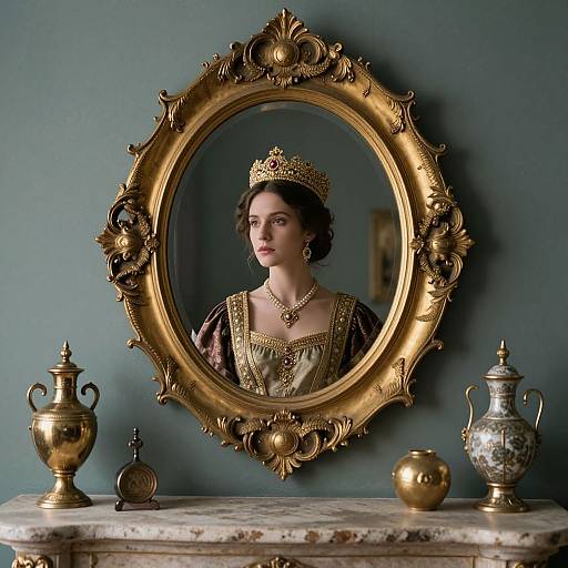 Photograph of a regal woman in Renaissance attire, crowned, reflected in an ornate gold mirror, surrounded by antique silver and gold vessels.