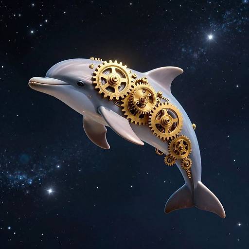 Digital art of a dolphin with golden gears on its side, floating in a starry, cosmic background. Steampunk marine theme.