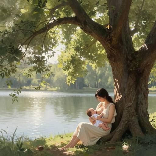 Photograph of a serene scene: a woman with long black hair, wearing a cream dress, sits under a large tree by a sunlit lake,