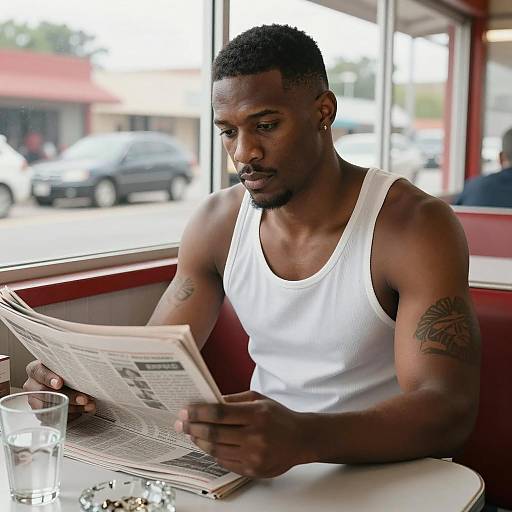 Serious Man in Diner with Newspaper