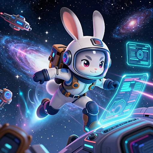 Digital artwork of a cute, white-furred bunny astronaut in a spacesuit, floating in space with glowing neon holographic interfaces.