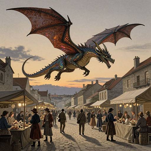 Digital painting: Fantasy market at sunset, medieval-style, with a large, red-scaled dragon with black accents flying overhead, surrounded by shoppers and vendors