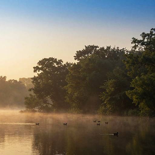 Misty Sunrise Over Calm Lake