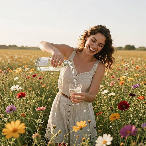 Smiling woman with wavy brown hair pours water from a bottle into a glass in a vibrant flower field at sunset.