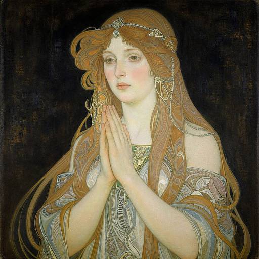 Detailed painting of a fair-skinned woman with long, flowing auburn hair, wearing intricate jewelry and a patterned dress, praying with hands clas
