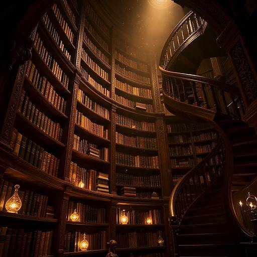 Photograph of a dimly lit, grand, circular library with towering, wooden bookshelves filled with books, illuminated by warm, hanging lanterns