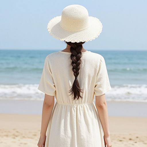 Photograph of a woman with a white sunhat and braid, wearing a cream dress, standing on a sunny beach facing the ocean.