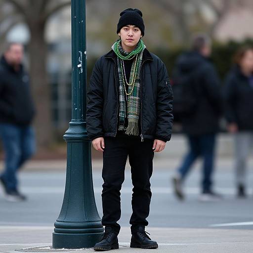 Photograph of a young Asian man with light skin, wearing a black beanie, black jacket, green and black scarf, black pants, and boots