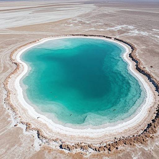 Aerial photograph of a circular, turquoise-blue saltwater lake surrounded by a white, salt-crusted edge and arid desert landscape.