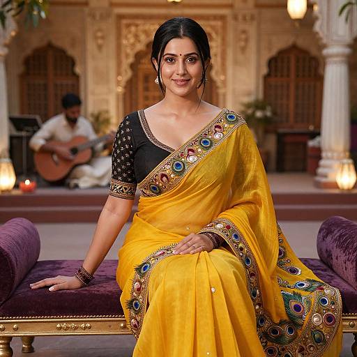Photograph of an Indian woman with dark hair in a yellow sari adorned with colorful embroidery, sitting on a purple velvet couch in an ornate,