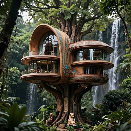 Photorealistic CGI: futuristic, organic treehouse with curved wooden architecture, blue accents, balconies, and glass windows, nestled in lush jungle,