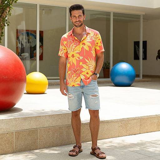 Photograph of a bearded man in a bright orange floral shirt, distressed denim shorts, brown sandals, standing outdoors with colorful spherical sculptures behind him.